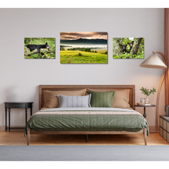 Metal print of a foggy meadow in Cades Cove over the headboard of a bed with black bear prints on each side